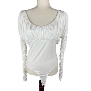 ELODIE RUCHED SCOOP NECK LONG‎ SLEEVE THONG BODYSUIT IN WHITE NWT SIZE LARGE